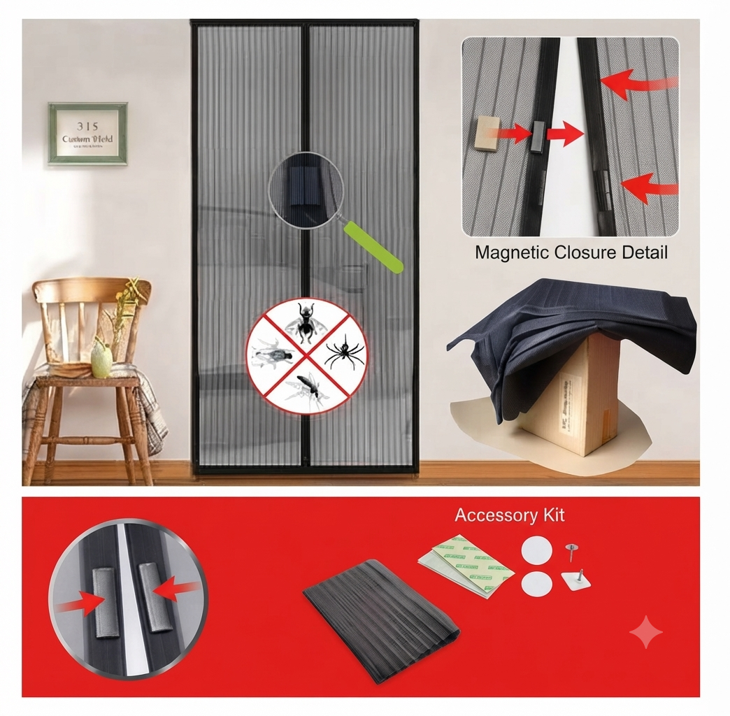 Polyester Magnetic Mosquito Net for Door | Mosquito Curtain for All Door Types & Sizes